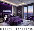 Modern Luxury Bedroom Interior with Purple Lighting and City View 137551740