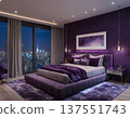 Modern Luxury Bedroom Interior with Purple Lighting and City View 137551743