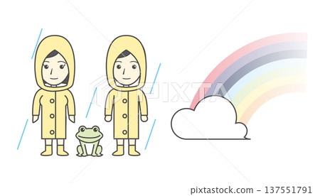 一組小學生穿著雨衣和青蛙的插圖(彩虹、雲朵、雨、孩子、水坑、雨季) 一組小學生穿著雨衣和青蛙的插圖(彩虹、雲朵、雨、孩子、水坑、雨季) 137551791
