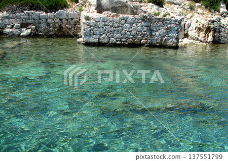 A small seaside town Antalya. Flooded ancient Lycian city as a result of the earthquake city. Near the city of Simena in the vicinity of Kekova Turkey. 137551799