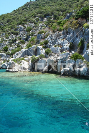 A small seaside town Antalya. Flooded ancient Lycian city as a result of the earthquake city. Near the city of Simena in the vicinity of Kekova Turkey. 137551811