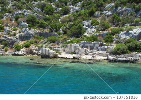 A small seaside town Antalya. Flooded ancient Lycian city as a result of the earthquake city. A small seaside town Antalya. Flooded ancient Lycian city as a result of the earthquake city. 137551816
