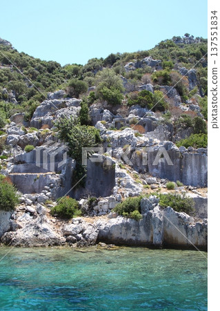 A small seaside town Antalya. Flooded ancient Lycian city as a result of the earthquake city. Near the city of Simena in the vicinity of Kekova Turkey. 137551834