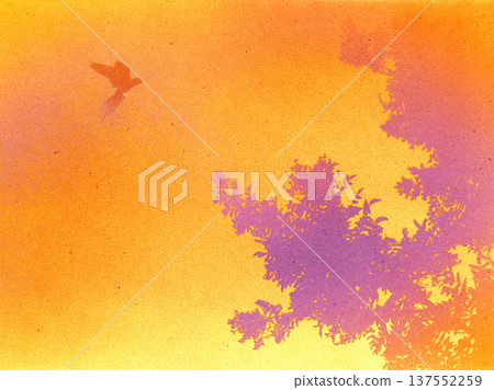 Abstract silhouette of a bird flying through a golden orange sky with tree branches. Minimalist nature composition with warm amber tones and grainy texture, ideal for atmospheric backgrounds. Abstract silhouette of a bird flying through a golden orange sky with tree branches. Minimalist nature composition with warm amber tones and grainy texture, ideal for atmospheric backgrounds. 137552259