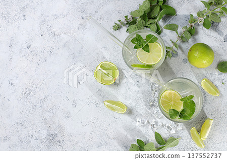 Summer drink with lemon, mint, lime and orange on a light table, mojito or cocktail improves metabolism and promotes weight loss, detox diet and healthy lifestyle concept, summer party advertisement. Summer drink with lemon, mint, lime and orange on a light table, mojito or cocktail improves metabolism and promotes weight loss, detox diet and healthy lifestyle concept, summer party advertisement. 137552737