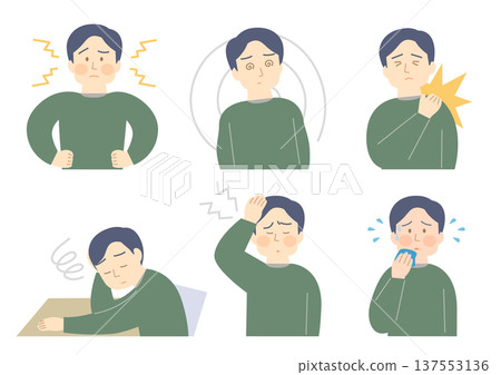 一組描繪男性更年期症狀的插圖。 一組描繪男性更年期症狀的插圖。 137553136