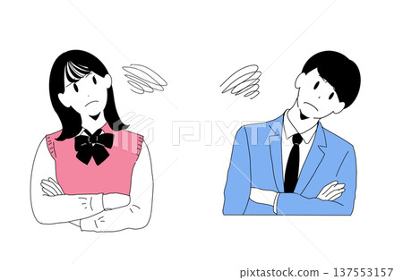 插圖描繪了一對憂心忡忡的年輕男女（學生和新進員工），他們雙臂交叉抱在胸前。用於提出問題和問答環節。手繪素材。 137553157