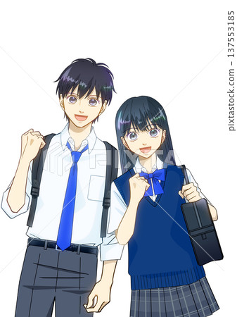 Anime-style illustration of a smiling student in summer clothes holding a backpack and school bag, white background 137553185
