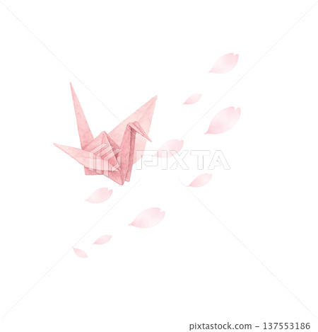 Watercolor illustration of origami cranes and cherry blossom petals Spring Japanese style material 137553186