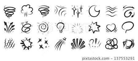 Line art expressive motion elements set. Hand drawn swirl, wind, smoke, star, lightbulb, question, exclamation Line art expressive motion elements set. Hand drawn swirl, wind, smoke, star, lightbulb, question, exclamation 137553291