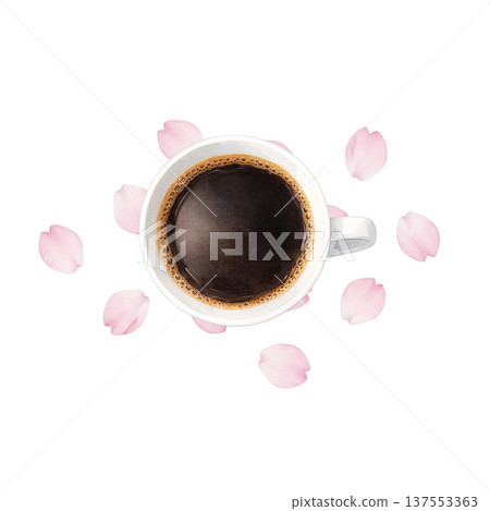 櫻花花瓣和咖啡杯的水彩插畫，展現了春日咖啡館的氛圍。 137553363