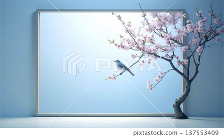 Ink painting, sumi-e, watercolor frame of cherry blossom tree and blue bird. Spring Japanese style background with copy space in the center Ink painting, sumi-e, watercolor frame of cherry blossom tree and blue bird. Spring Japanese style background with copy space in the center 137553409