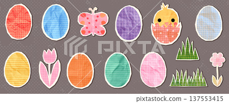 Colorful vector Easter paper eggs, flowers, grass collage shapes, Cute scrapbook halftone elements for modern spring designs, brochures and cards Colorful vector Easter paper eggs, flowers, grass collage shapes, Cute scrapbook halftone elements for modern spring designs, brochures and cards 137553415