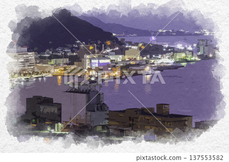 水彩風格的門地夜景,關門海峽博物館,北九州市,福岡縣 水彩風格的門地夜景,關門海峽博物館,北九州市,福岡縣 137553582