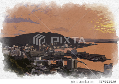 福岡縣北九州市門司鎮的水彩風格夜景 137553586
