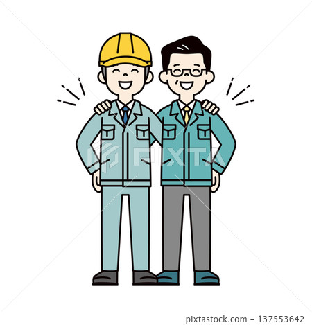 全身向量插圖，描繪了一位身穿工作服的工地主管和一位小型企業總裁/經理面帶微笑，互相摟著對方的肩膀。 137553642