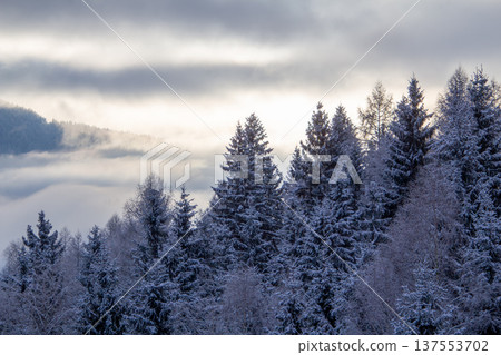 Sunrise makes a breakthrough in the mist between the mountains Sunrise makes a breakthrough in the mist between the mountains 137553702