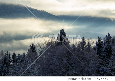 Sunrise makes a breakthrough in the mist between the mountains 137553708