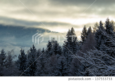 Sunrise makes a breakthrough in the mist between the mountains 137553733