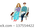 Watercolor hand-drawn illustration of a couple and a cat relaxing on the sofa 137554422