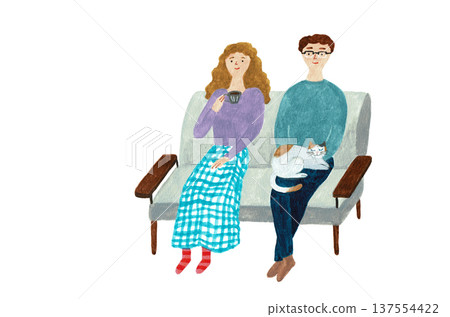 Watercolor hand-drawn illustration of a couple and a cat relaxing on the sofa 137554422