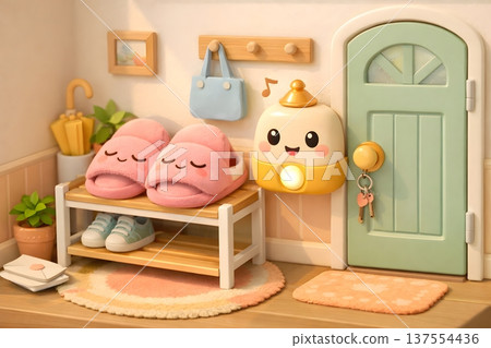 Cute cartoonish interior scene with pink slippers on a bench, green door, and smiling nightlight 137554436