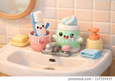 Toys on bathroom sink, toothbrush holder, soap, towel, and fun characters 137554437