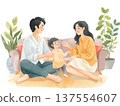 水彩插畫，描繪了一個家庭在客廳愉快交談的場景。非常適合用來展現溫馨的家庭時光。 137554607