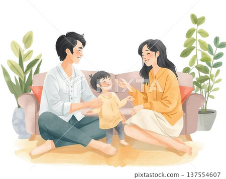 水彩插畫,描繪了一個家庭在客廳愉快交談的場景。非常適合用來展現溫馨的家庭時光。 水彩插畫,描繪了一個家庭在客廳愉快交談的場景。非常適合用來展現溫馨的家庭時光。 137554607