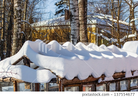 Puffy snowdrifts beautifully cap an aged small greenhouse under a crisp winter sun. Stripped trees and a cozy house frame the backdrop 137554677