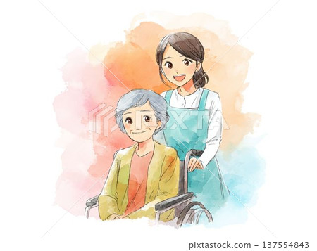 水彩插畫，描繪了一位護理人員扶著一位坐在輪椅上的老人。圖片素材可用於表達對照護、福祉和安心的感受。 137554843