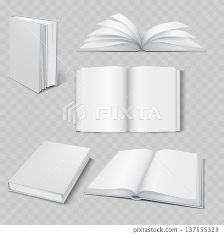 Realistic White Book Mockup Set. Vector Blank Open and Closed Hardcover Templates with Pages and Spine. 137555323