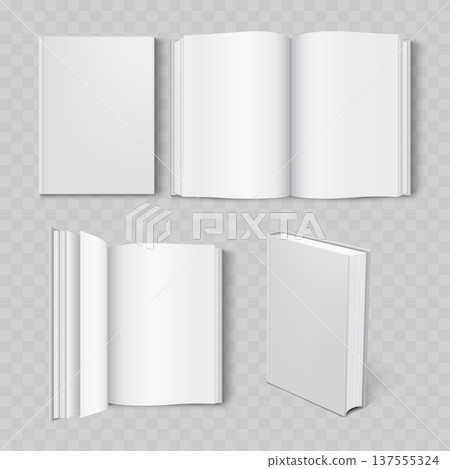 Realistic White Book Mockup Set. Vector Blank Open and Closed Hardcover Templates with Pages and Spine. 137555324