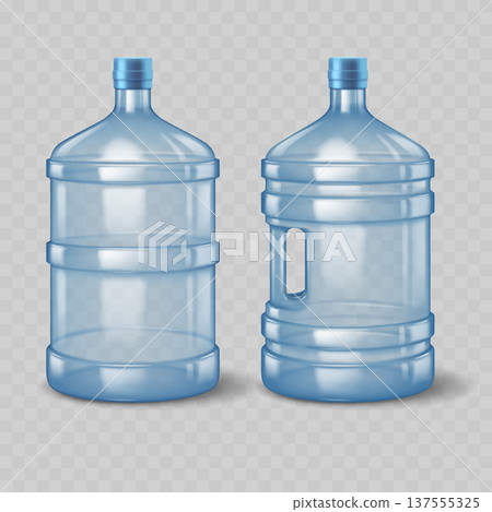 Realistic Large Water Cooler Bottle Mockup Set. Vector Transparent Blue Plastic Dispenser Jug Templates with Handle. 137555325