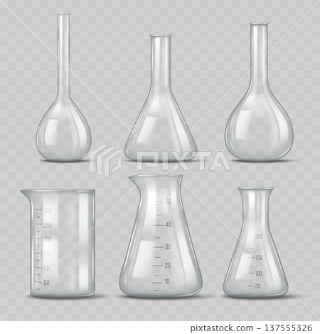Realistic Transparent Laboratory Glassware Mockup Set. Vector Empty Chemical Science Flasks and Beakers Template. Realistic Transparent Laboratory Glassware Mockup Set. Vector Empty Chemical Science Flasks and Beakers Template. 137555326