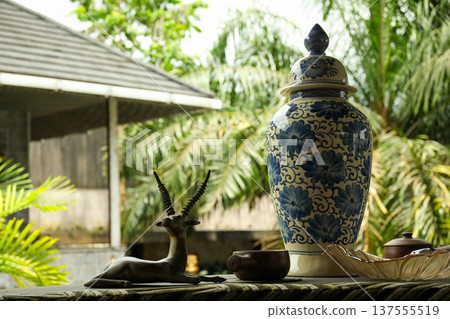 Traditional decorations with plants and artifacts in Bali Traditional decorations with plants and artifacts in Bali 137555519