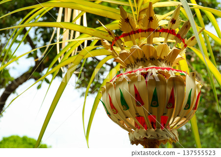 Traditional Balinese offering made of woven leaves and flowers Traditional Balinese offering made of woven leaves and flowers 137555523