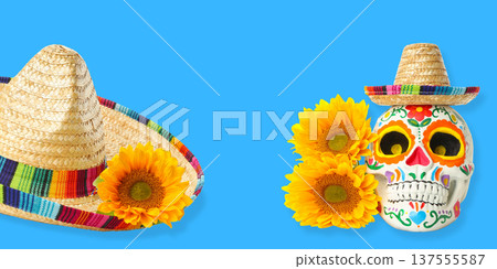 A sombrero and a sugar skull with sunflowers 137555587
