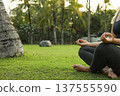 A person practices yoga on the grass surrounded by trees 137555590