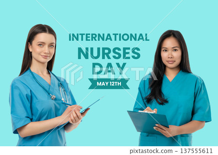 Nurses Day, Two nurses in scrubs holding clipboards Nurses Day, Two nurses in scrubs holding clipboards 137555611