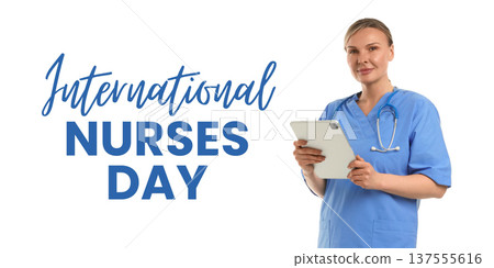 Nurses Day, Nurse stands with a tablet and helps patients 137555616