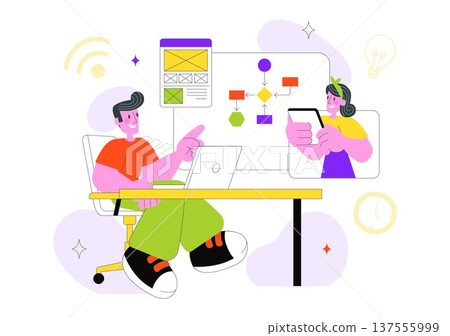Online Collaboration Whiteboard Tools Vector Illustration With Team Brainstorming, Remote Work Communication, And Digital Planning Board Background 137555999