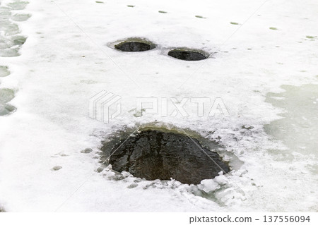 Melting river ice with deep foot impressions and ominous holes forming a distressed face. Thin, dangerous ice signals late winter's end. A stark warning of peril Melting river ice with deep foot impressions and ominous holes forming a distressed face. Thin, dangerous ice signals late winter's end. A stark warning of peril 137556094