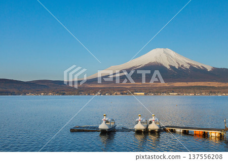 Snow-capped Mount Fuji seen from Lake Yamanaka early in the morning in spring Snow-capped Mount Fuji seen from Lake Yamanaka early in the morning in spring 137556208
