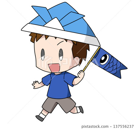 Illustration of a boy running with a carp streamer on Children's Day 137556237