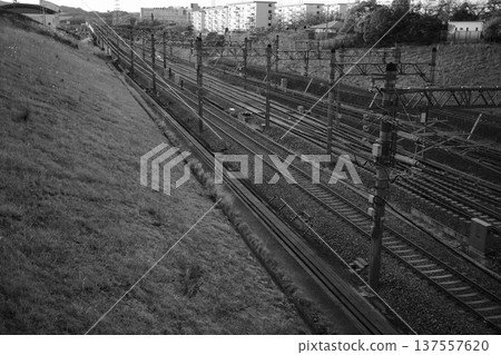 Kobe Municipal Subway tracks and surrounding housing complexes (black and white photo) Kobe Municipal Subway tracks and surrounding housing complexes (black and white photo) 137557620