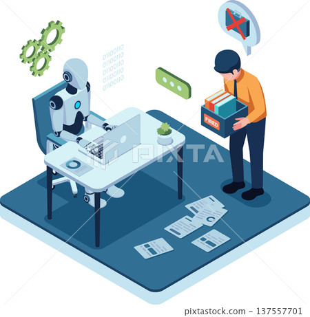 Isometric AI Robot Replacing Human Workers in The Workplace 137557701