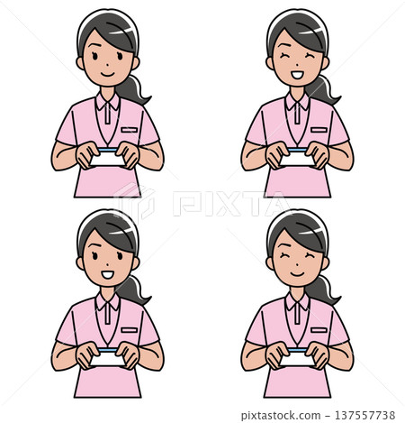 An illustration of a foreign woman in a polo shirt offering a card. 137557738