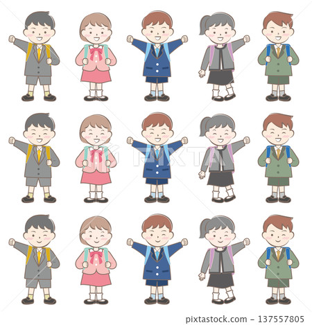 First grade children carrying their school bags 137557805