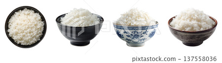 Set of cooked rice in black and traditional style bowls, isolated on transparent background. 137558036